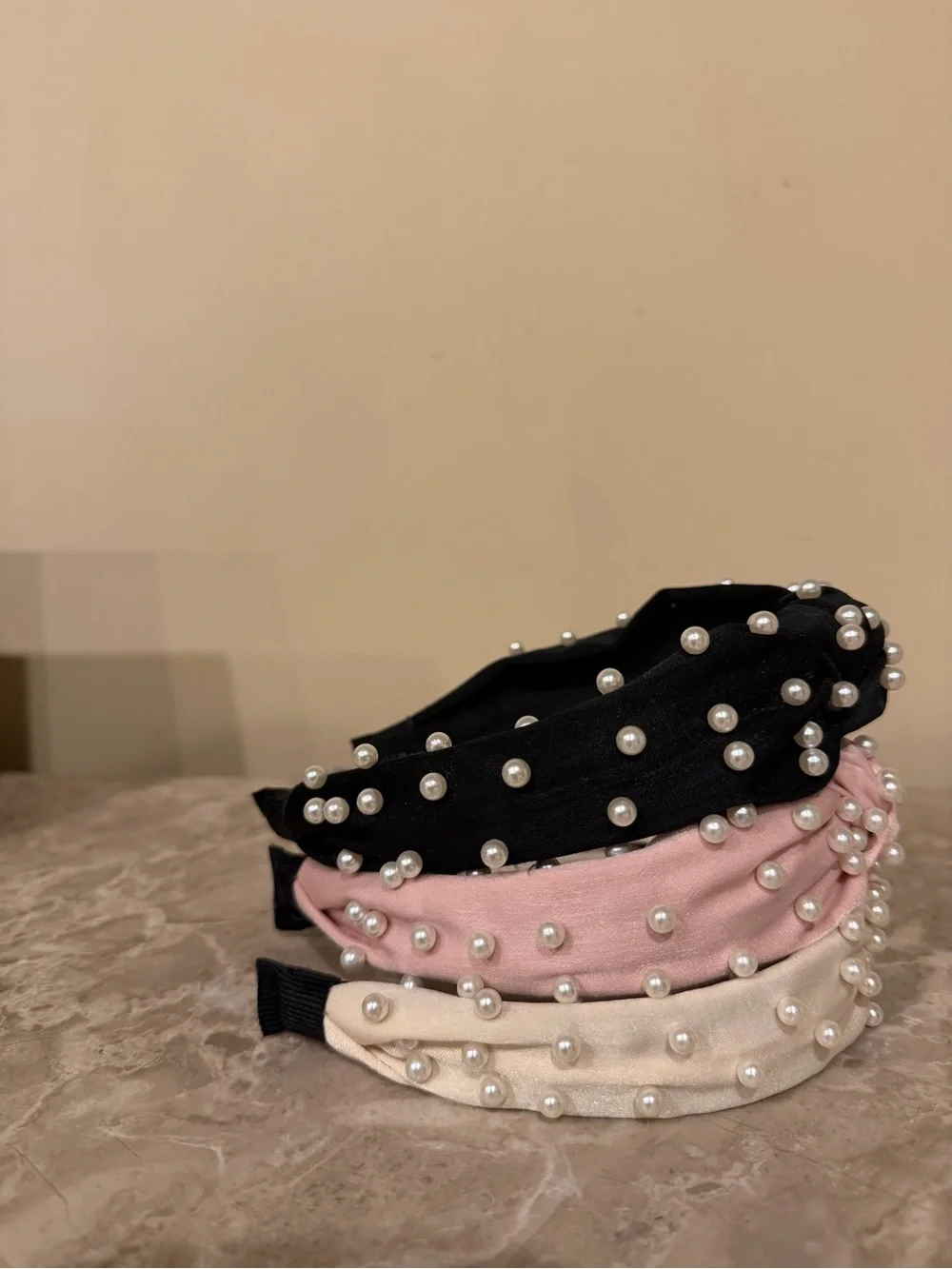 Pearl-Embellished Knot Headband - Black, Pink, Cream